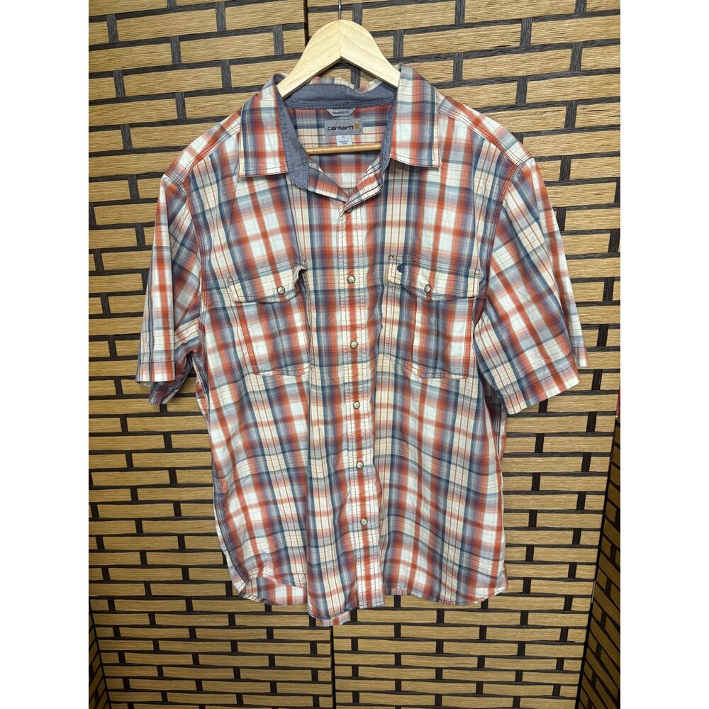 Carhartt Red And Blue Pearl Snap Plaid Short Sleeve Shirt SIze XL